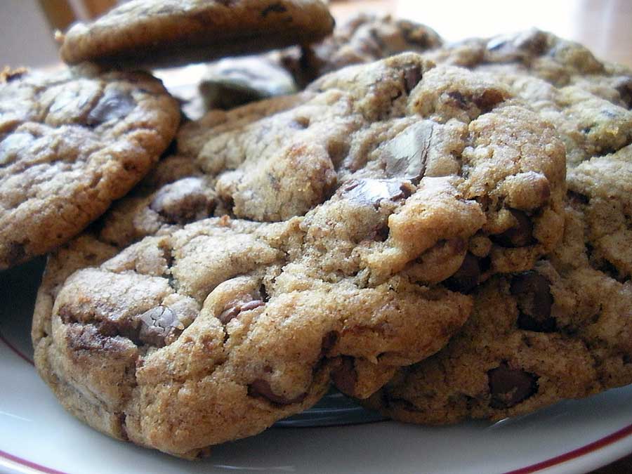 Super delicious chocolate chip cookies on a plate.